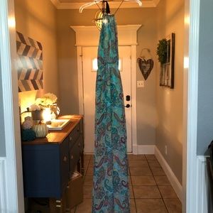 Long, holter, key hole, lined, paisley dress